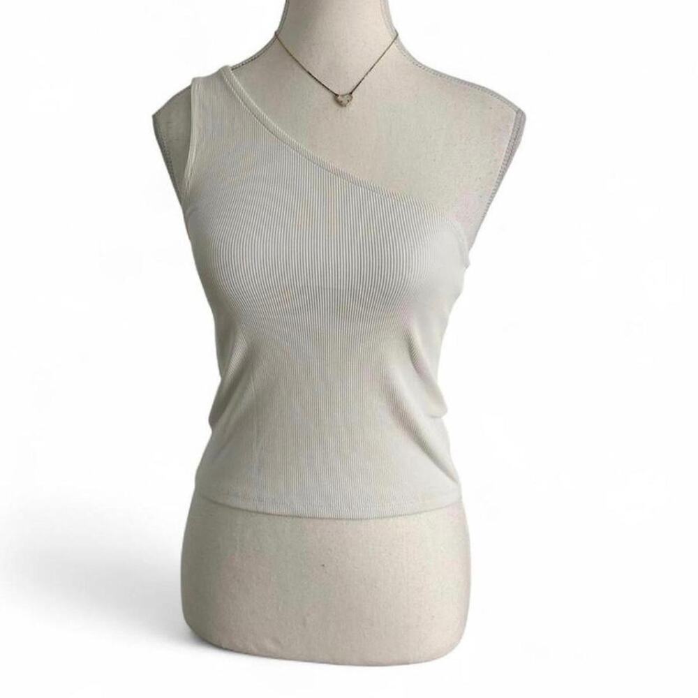 White One Shoulder Ribbed Fitted Top Size M Casual Summer Basics Top
